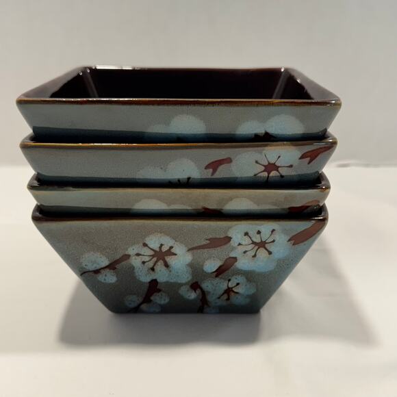 Pier 1 Tranquil 6" Square Soup Cereal Bowl Set of 4 Green Floral Cherry Blossoms - Picture 1 of 11